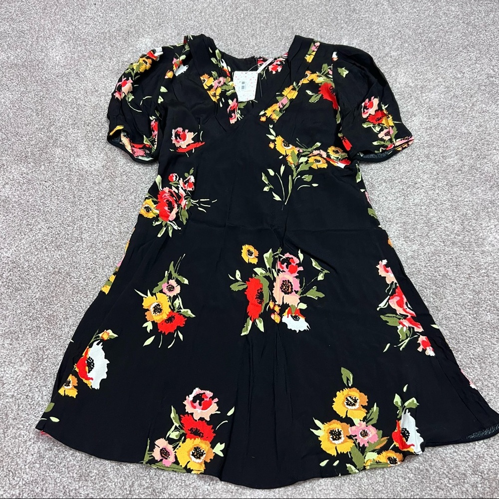 Free People Women's Black Floral Short Sleeve Dress Size 10